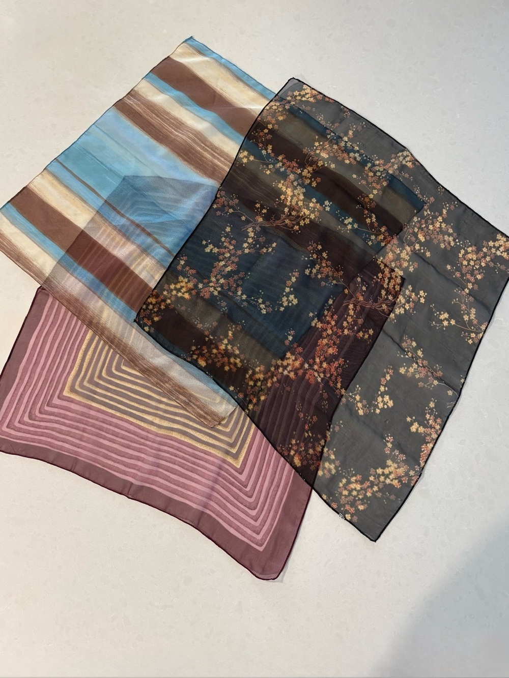 Lot of 3 Vintage Square Scarves | Floral Geometric Striped Neckerchief Bundle